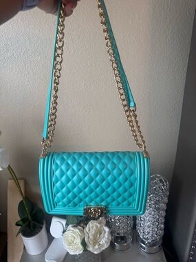 Turquoise Quilted Chain-Handle Shoulder Bag